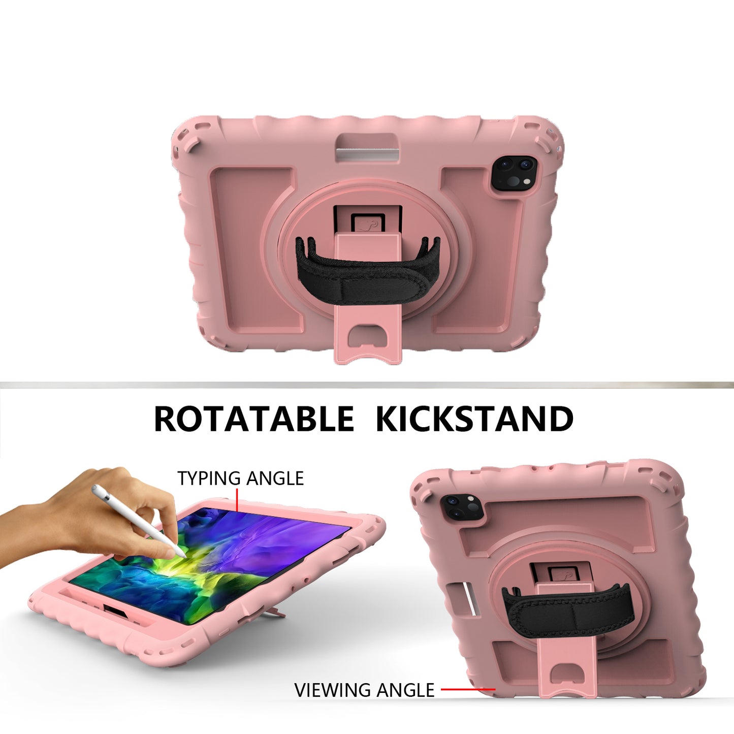 For Hybrid 3in1 Armor Rugged with Built-in Kickstand 360° Rotatable Stand & Shoulder Hand Strap Corner Shockproof Rose Gold Tablet Case Cover