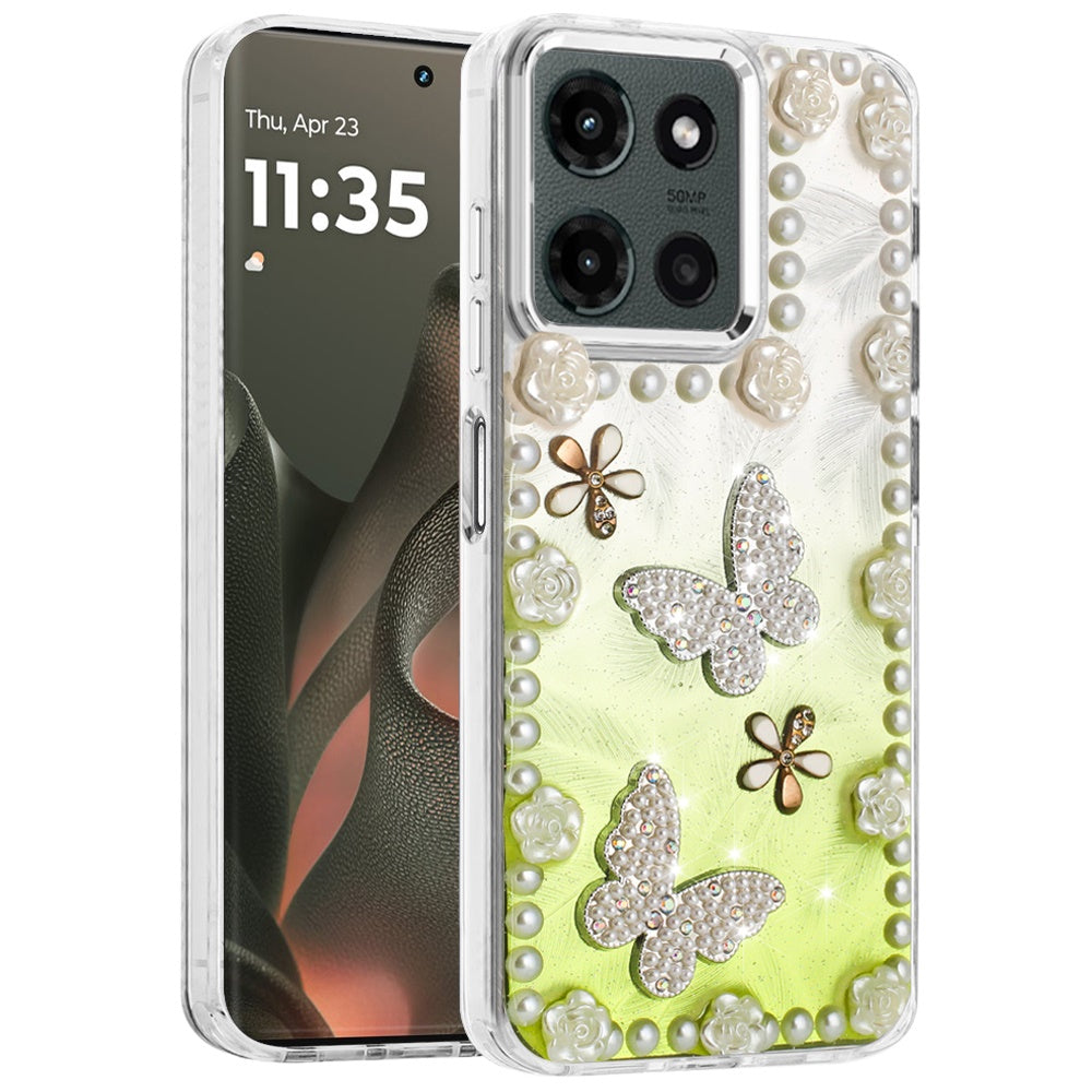 For Motorola Edge 2025 Bling Fashion Design with 3D Pearls Epoxy Glitter Ornaments Chrome Edge Hard Slim PC Case Cover