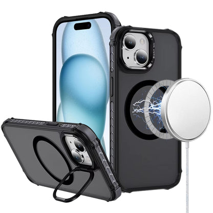 For Apple iPhone 16 (6.1") Hybrid Metal Camera Stand Ring Sturdy, Compatible with MagSafe, Matte Hard TPU Colorful Edge Case Cover
