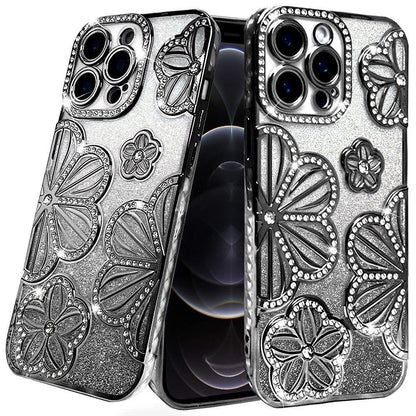For Samsung Galaxy A16 5G Luxury Flower Design Sparkle Glitter Diamond Rhinestone Shimmer Bling Plating Thick TPU Hard PC Case Cover Flower Black