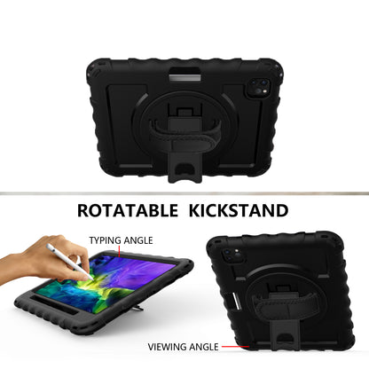 For Hybrid 3in1 Armor Rugged with Built-in Kickstand 360° Rotatable Stand & Shoulder Hand Strap Corner Shockproof Black Tablet Case Cover