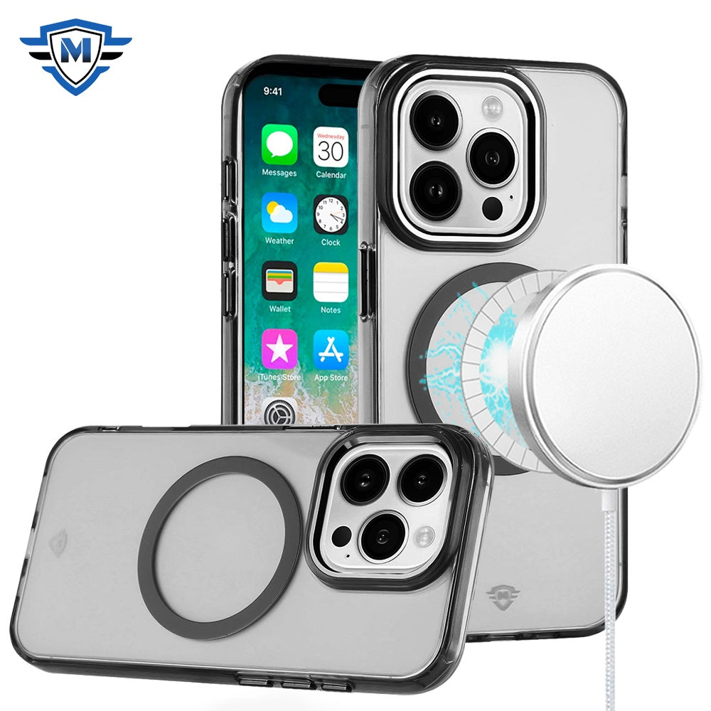 For Apple iPhone 16 Pro (6.3") Transparent Back Hybrid Case - Magnetic Circle, Color Frame, Metal Buttons, MagSafe Compatible Case Cover