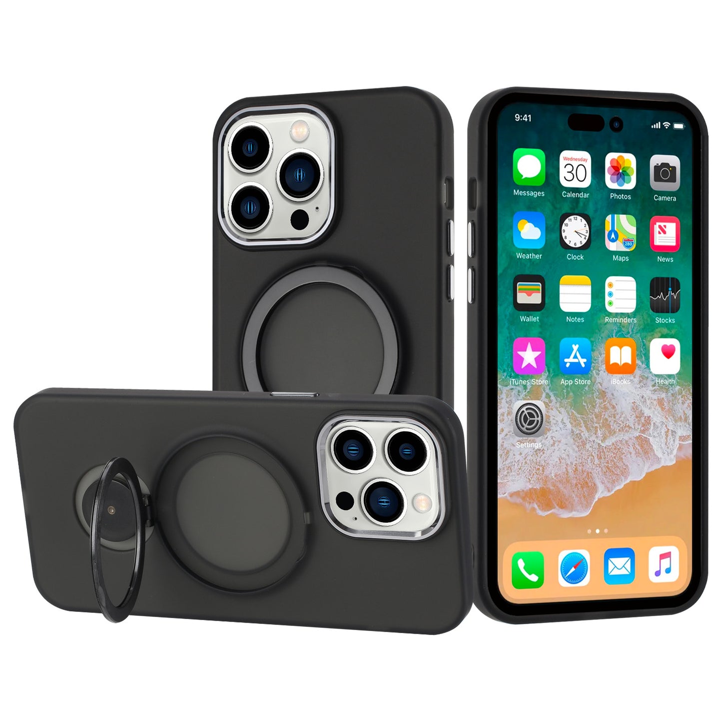 For Apple iPhone 16 Pro (6.3") MagSafe Compatible with 360 degree Circle Ring Stand Magnetic Kickstand Slim Hybrid Case Cover