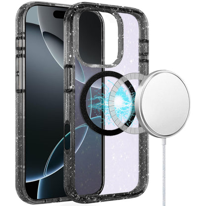 For Apple iPhone 16 Pro (6.3") Transparent Glitter Bling Sparkly Shiny Case Hybrid Magnetic Circle Compatible with MagSafe Shockproof Case Cover