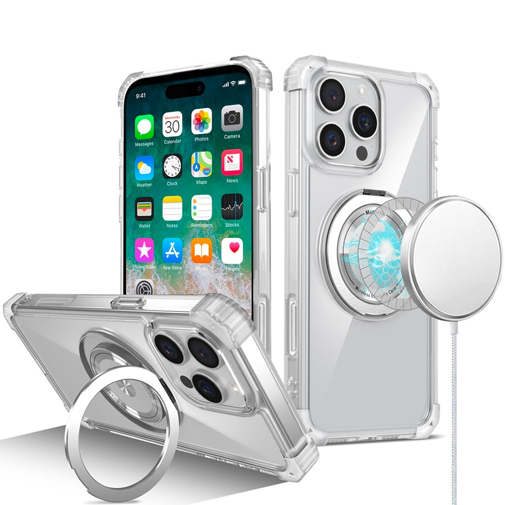 For Apple iPhone 16 (6.1") Magnetic [Compatible with Magsafe] with 360° Rotatable Ring Holder Invisible Stand Transparent Case Cover