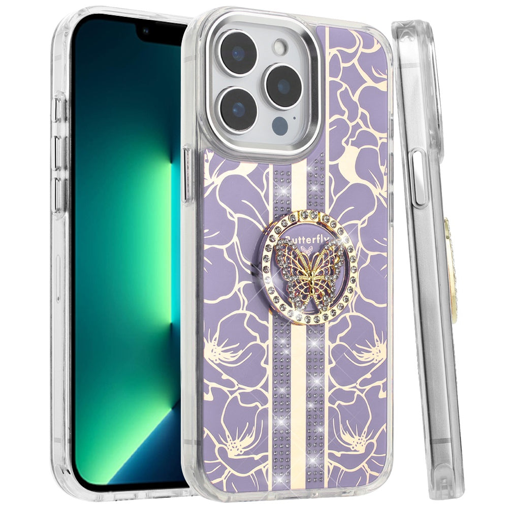 For Apple iPhone 15 Pro Max Diamonds 3D Butterfly Floral Design Bling Sparkly Glitter Hybrid Metal Fashion with Ring Stand Case Cover