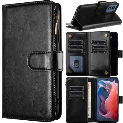 For Apple iPhone 16 Pro (6.3") Premium Leather Zipper Wallet with Credit Card Slots Money Pocket Luxury Clutch Pouch Stand & Strap Case Cover Black