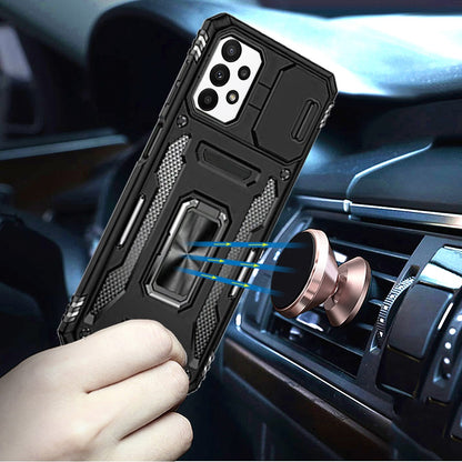 For Samsung Galaxy A32 5G Tough Hybrid Case with Movable Camera Window & Metal Ring Stand Shockproof Case Cover Black