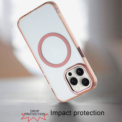 For Apple iPhone 15 Pro Max Transparent Back Hybrid Case - Magnetic Circle, Color Frame, Metal Buttons, MagSafe Compatible Case Cover
