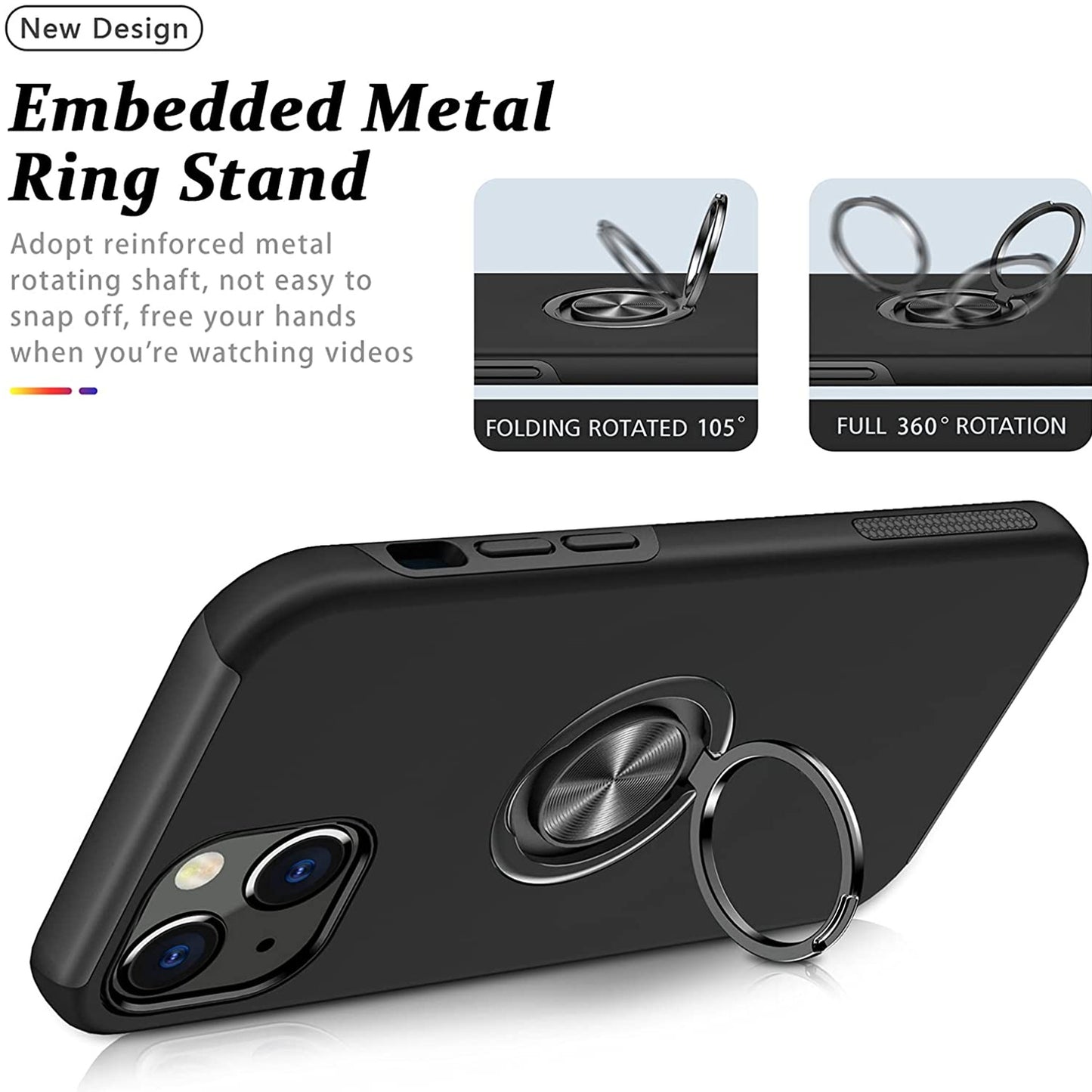 For Gabb Phone 4 Pro Military Grade Hybrid Case with Flat Metal Ring 360° Rotation Kickstand, Slim Fit Back Hard PC Case Cover Black