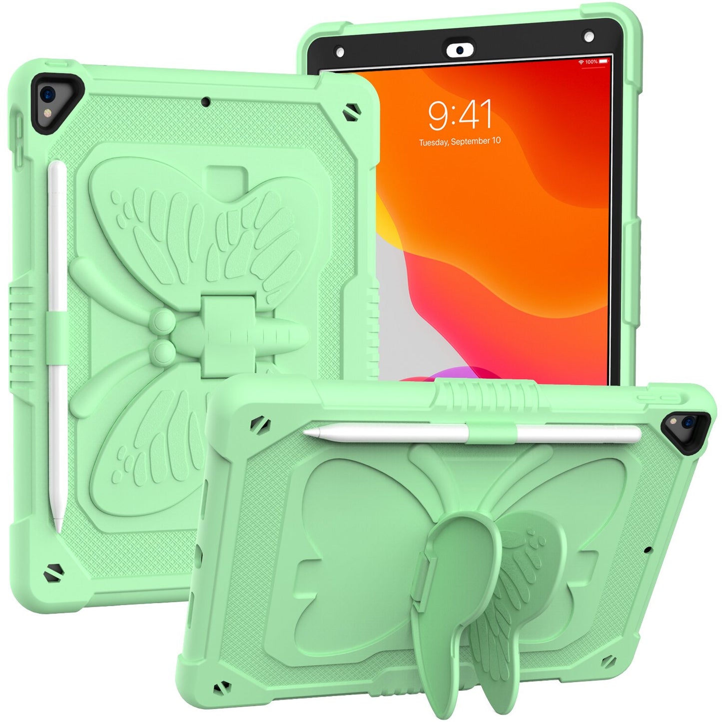 For Butterfly Wings Kickstand 3in1 Tough Hybrid with Pencil Holder Heavy Duty Rugged Shockproof Full Protective Green Tablet Case Cover