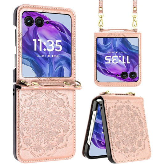 For For Samsung Galaxy Z Flip 7 FE Embossed Floral PU Leather Henna Mandala Design Flip Cover with Strap, Hybrid Protective Case Cover Rose Gold