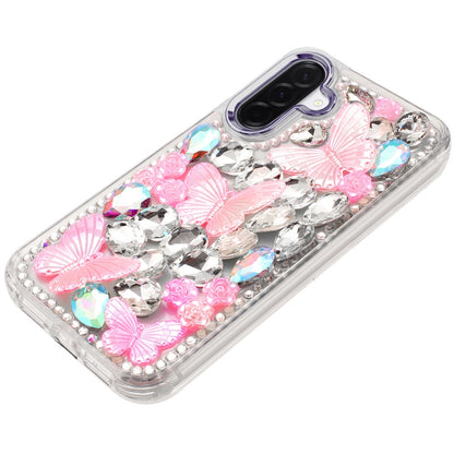 For Samsung Galaxy S25 Fan Edition /Galaxy S25 FE 3D Diamond Floral Butterfly Bling Stone Hybrid, Sparkly Rhinestone Gemstone Back Shockproof Case Cover
