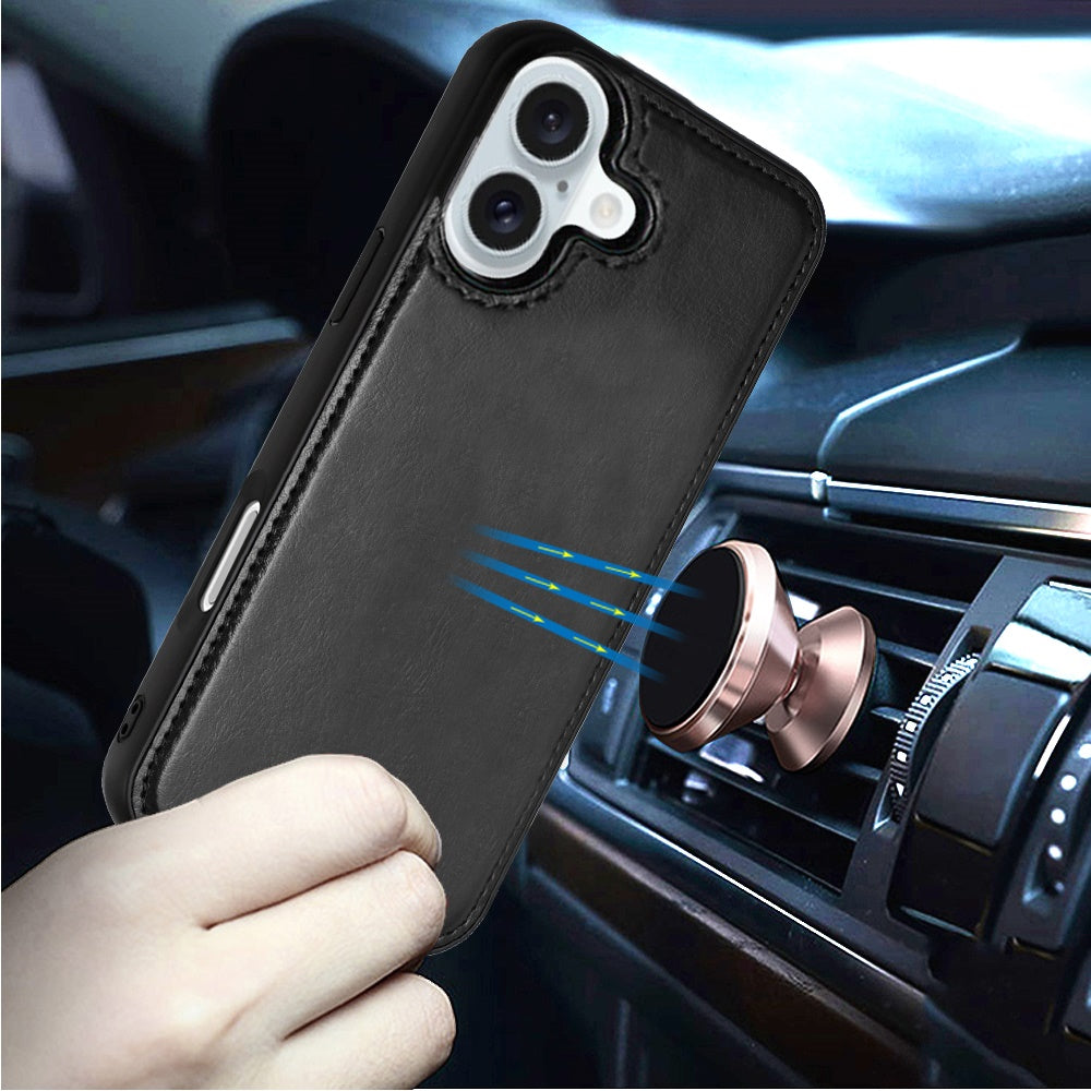 For Apple iPhone 16 (6.1") Deattachable PU Leather Hybrid Wallet Money Credit Card Holder Support Magsafe Charger Case Cover Black