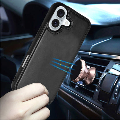 For Apple iPhone 16 (6.1") Deattachable PU Leather Hybrid Wallet Money Credit Card Holder Support Magsafe Charger Case Cover Black
