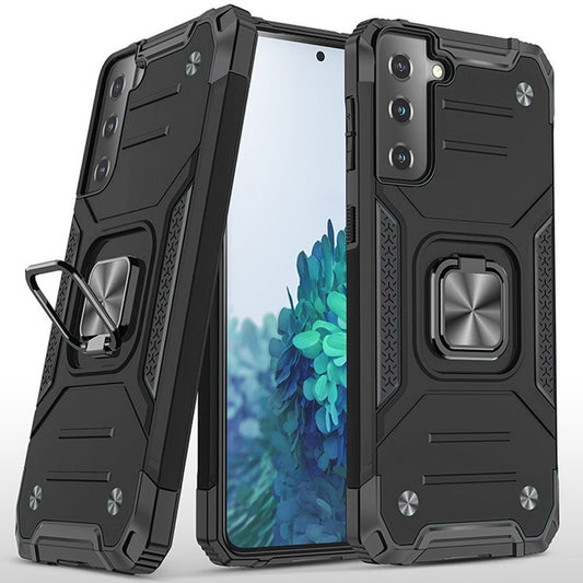 For Samsung Galaxy S21 FE /Fan Edition Armor Hybrid Magnetic Stand with Ring Holder Kickstand Shockproof Heavy-Duty Durable Rugged TPU Dual Layer Case Cover Black