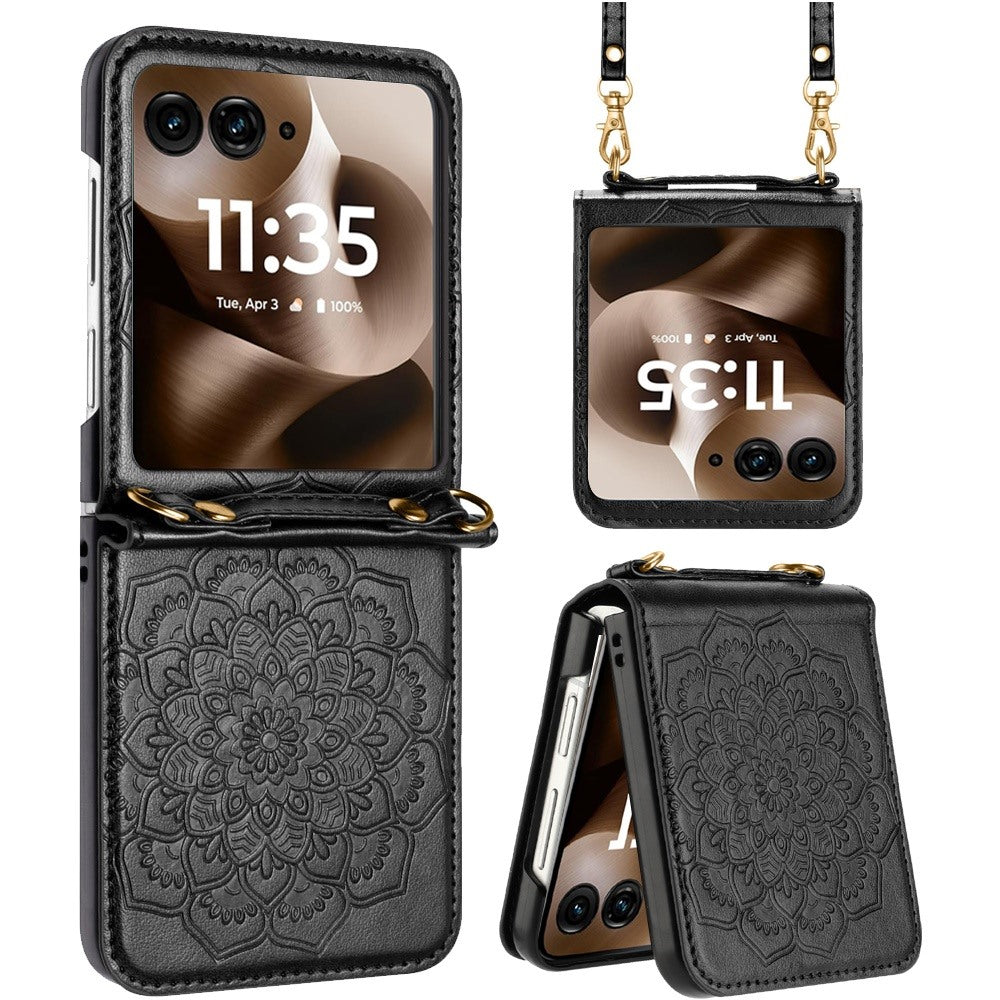 For Motorola Razr Ultra 2025 Embossed Floral PU Leather Henna Mandala Design Flip Cover with Strap, Hybrid Protective Case Cover