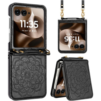 For Motorola Razr Ultra 2025 Embossed Floral PU Leather Henna Mandala Design Flip Cover with Strap, Hybrid Protective Case Cover