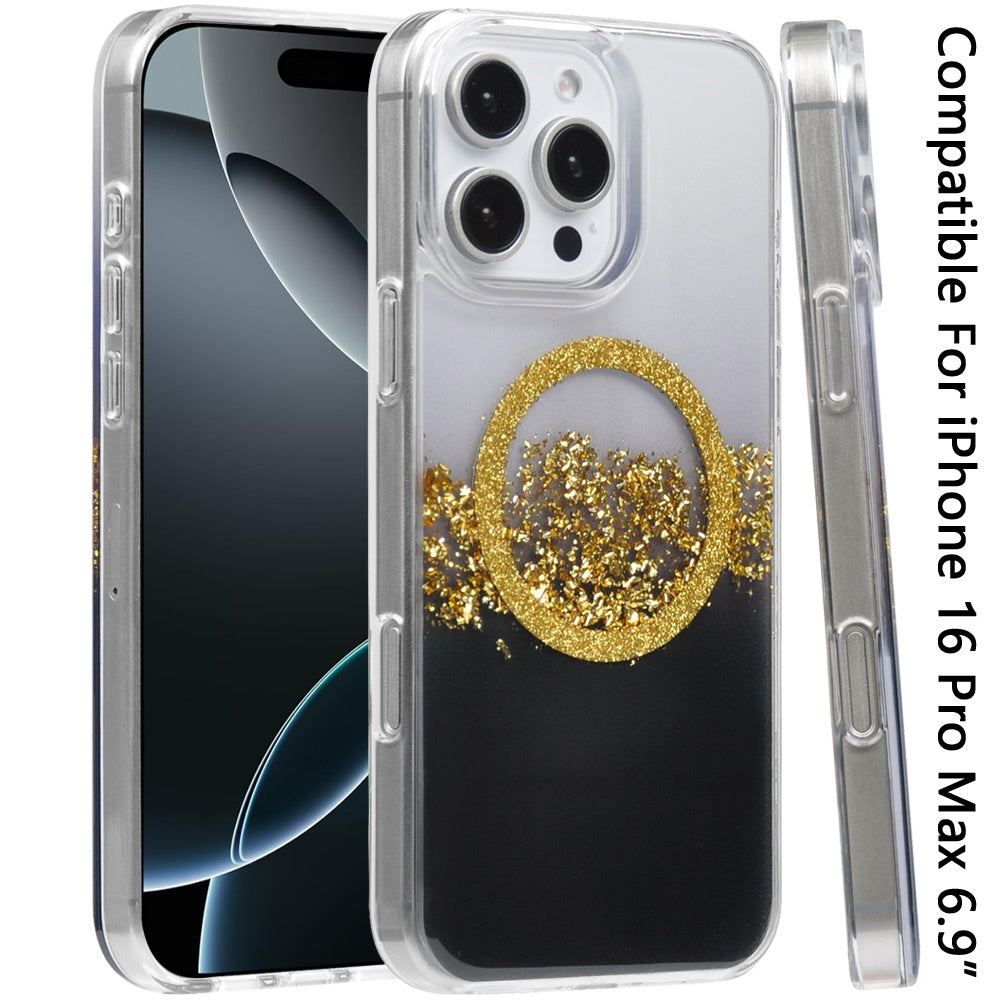 For Apple iPhone 16 Pro Max (6.9") Transparent Epoxy Glitter Magnetic Circle Compatible with MagSafe Hybrid Bling Sparkle Hard PC Slim TPU Case Cover
