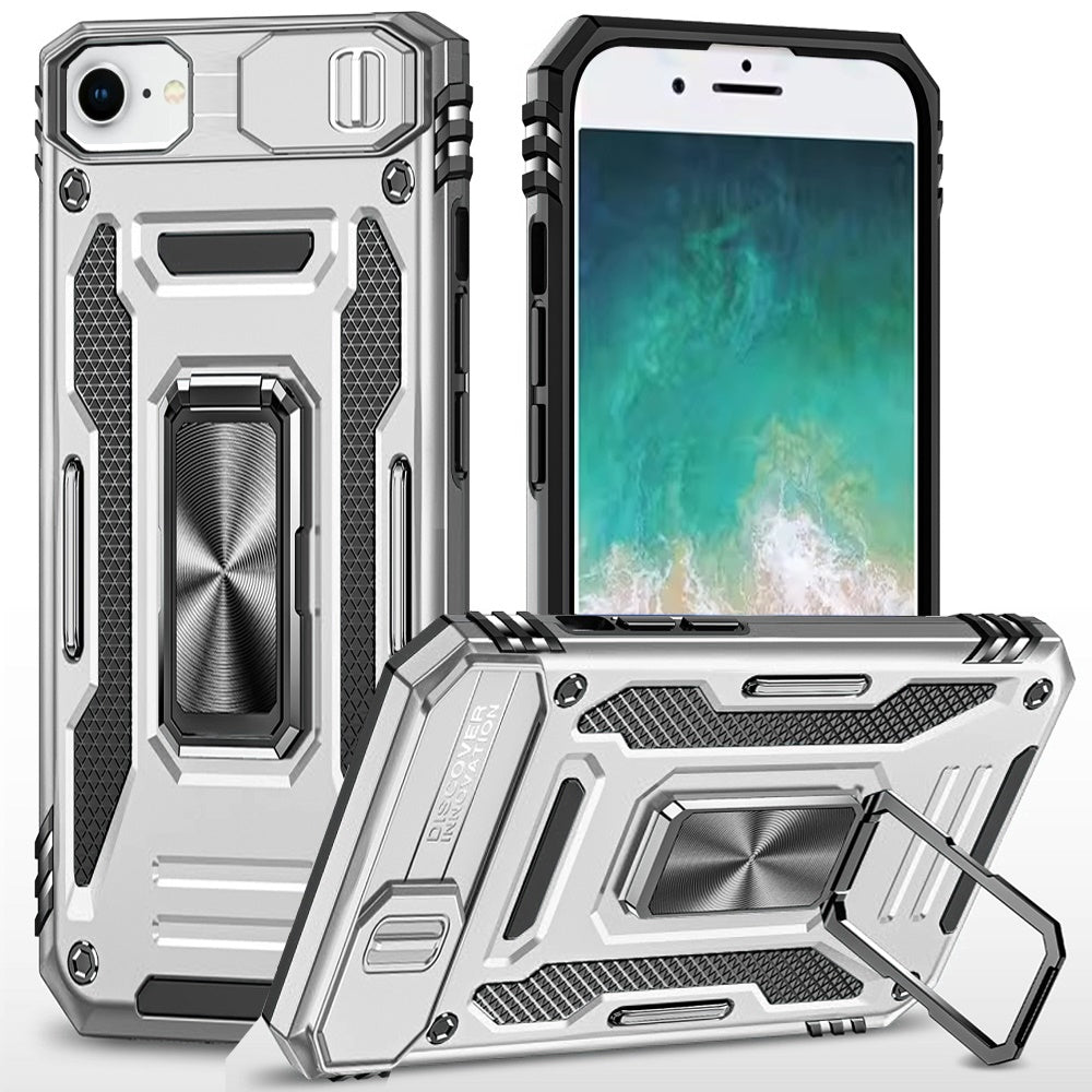 For Apple iPhone 16e Tough Hybrid Case with Movable Camera Window & Metal Ring Stand Shockproof Case Cover Silver