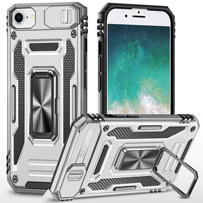 For Apple iPhone 16e Tough Hybrid Case with Movable Camera Window & Metal Ring Stand Shockproof Case Cover Silver