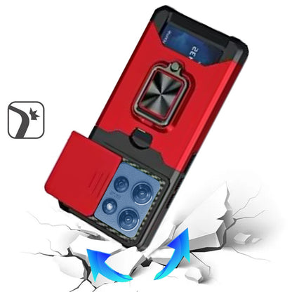 For Motorola Edge 2025 Wallet Case with Ring Stand & Slide Camera Cover Back Credit Card Slot Holder, Military Grade Case Cover