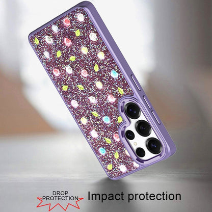 For Apple iPhone 15 Floral Design Embedded Glass Diamond Fancy Fashion Glitter Bling Sparkly Hybrid Rugged TPU Bumper Case Cover Purple