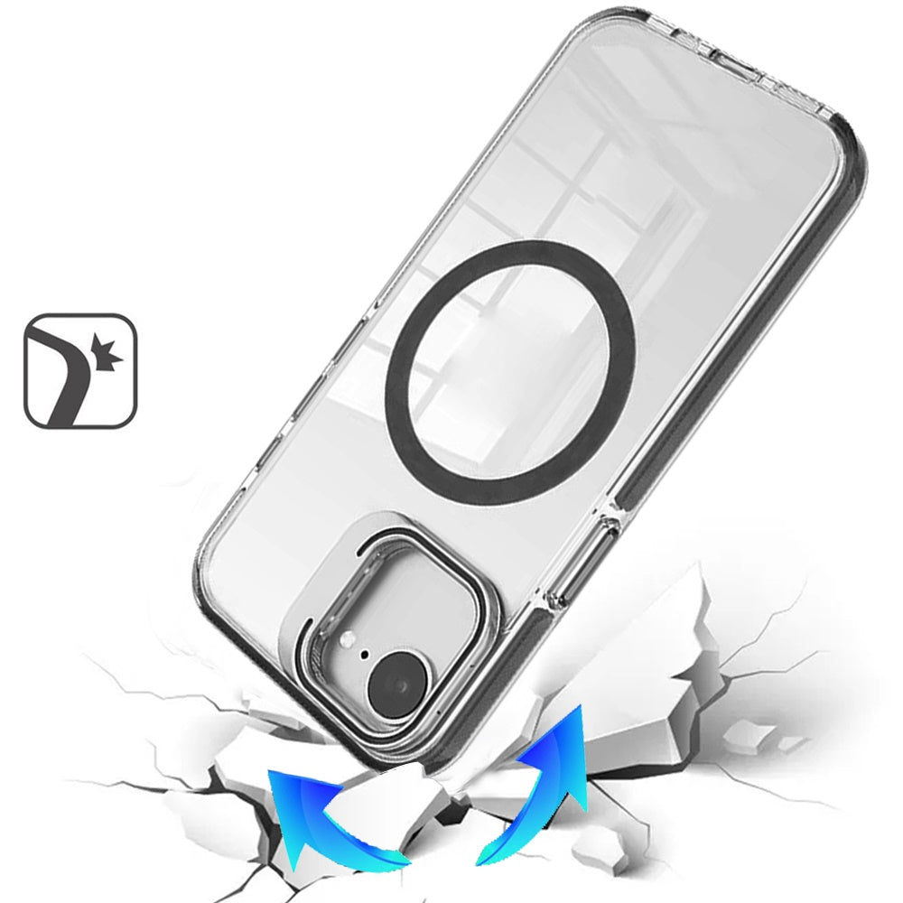 For Apple iPhone 16e (E edition) Built-in Camera Kick-Stand, Compatible with MagSafe, Transparent Colorful Edged Tough Hybrid TPU Case Cover Clear Black
