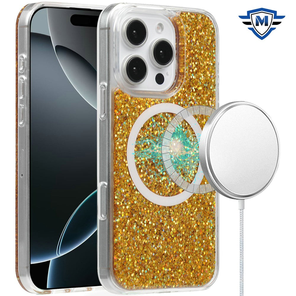 For Apple iPhone 16 Pro (6.3") Premium Transparent Epoxy Glitter Bling Magnetic Circle Compatible with MagSafe Hybrid Sparkle TPU Case Cover