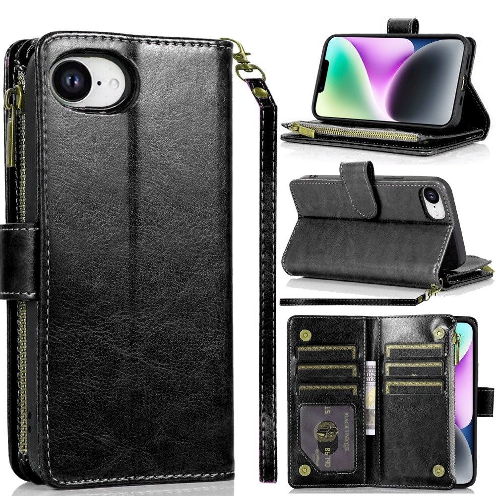 For Apple iPhone 16e Leather Wallet Case with Zipper, 9 Card Slots, Cash Pocket, Stand & Strap, Clutch Pouch Design Case Cover Black