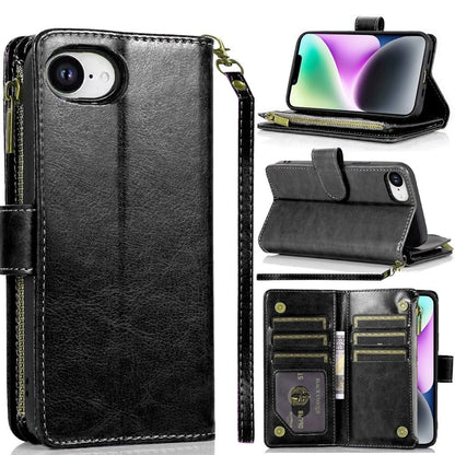 For Apple iPhone 16e Leather Wallet Case with Zipper, 9 Card Slots, Cash Pocket, Stand & Strap, Clutch Pouch Design Case Cover Black