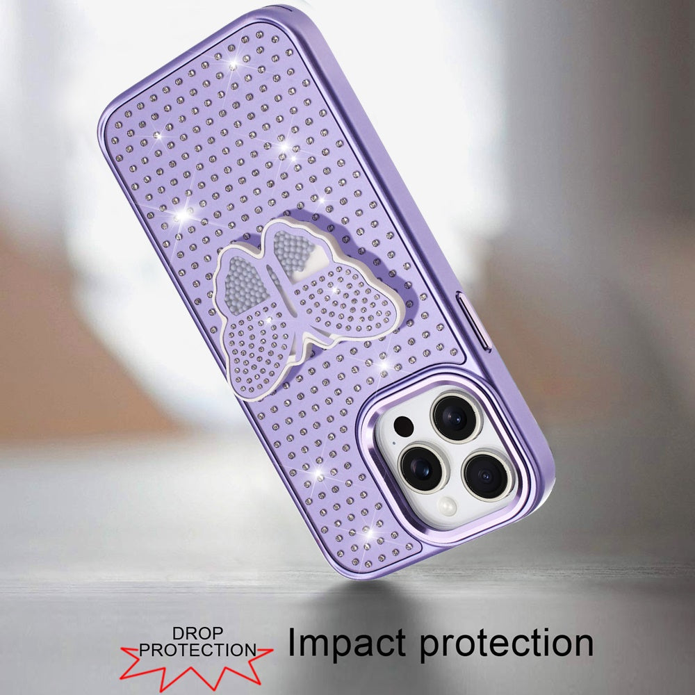 For Apple iPhone 15 Pro Max Butterfly Moveable Grip 3D Pop Stand Full Diamond Bling Sparkling TPU Fashion Hybrid Case Cover