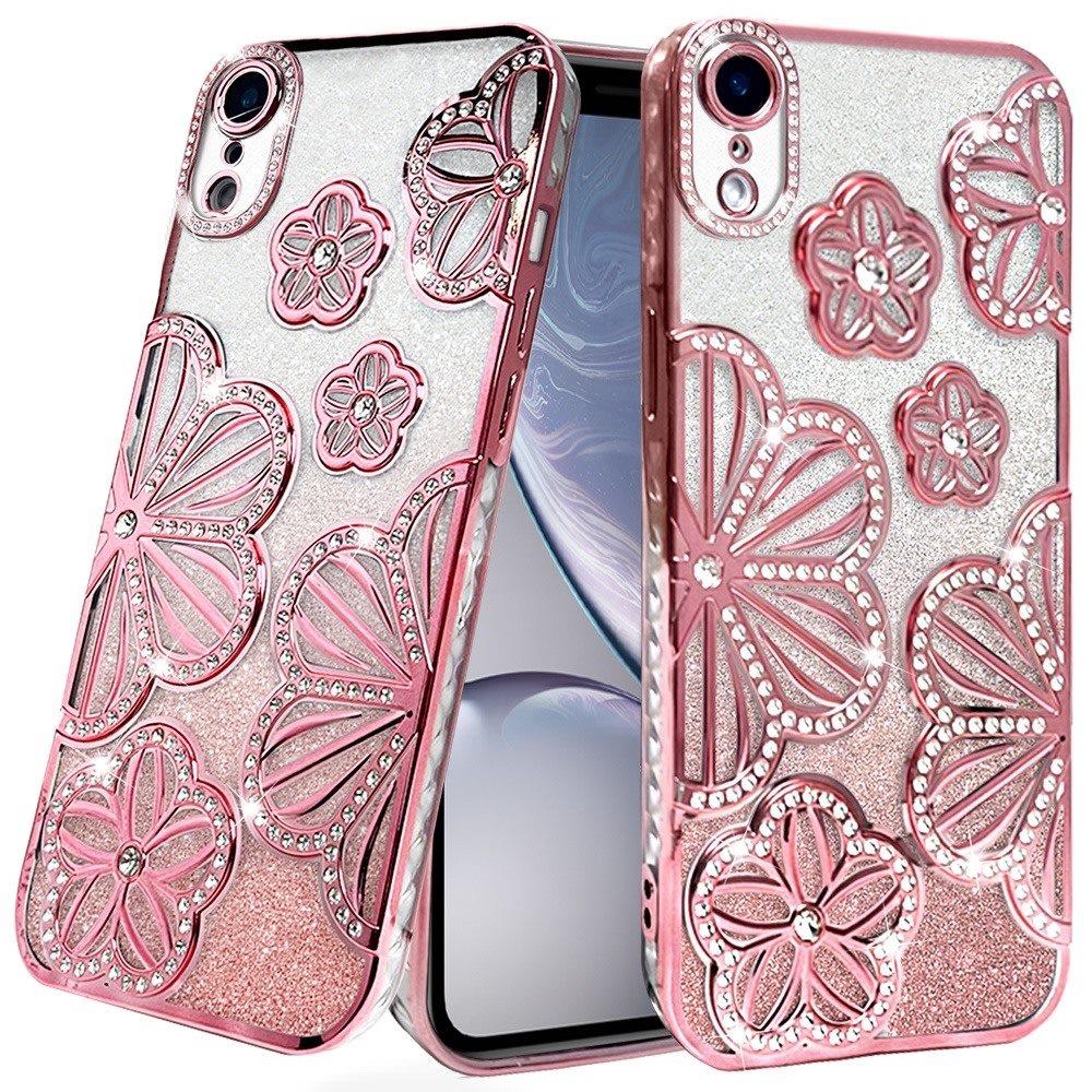 For Apple iPhone XR Luxury Floral Design Sparkle Glitter Diamond Crystal Rhinestone Shimmer Bling Plating Thick TPU Hard PC Case Cover