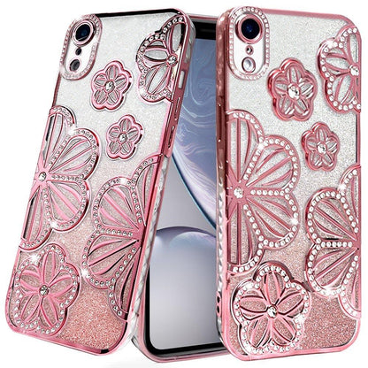 For Apple iPhone XR Luxury Floral Design Sparkle Glitter Diamond Crystal Rhinestone Shimmer Bling Plating Thick TPU Hard PC Case Cover