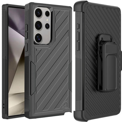 For Samsung Galaxy S25+ /S25 Plus /S24+ Plus Premium Tough Hybrid Case with Belt Clip Holster, Shockproof Rugged Design, Textured 2in1 Non-Slip Case Cover Black