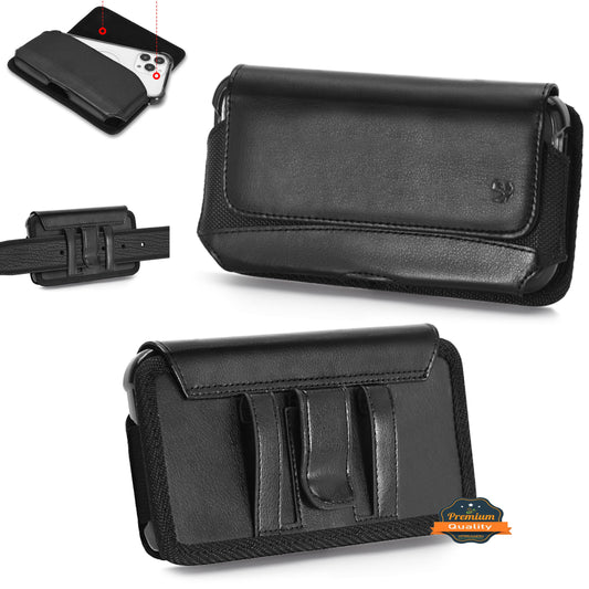 For Apple iPhone 16 (6.1") Universal Phone Holder Horizontal Leather Nylon [Magnetic Closure] with Belt Clip Holster Loops Carrying Pouch M [Black]