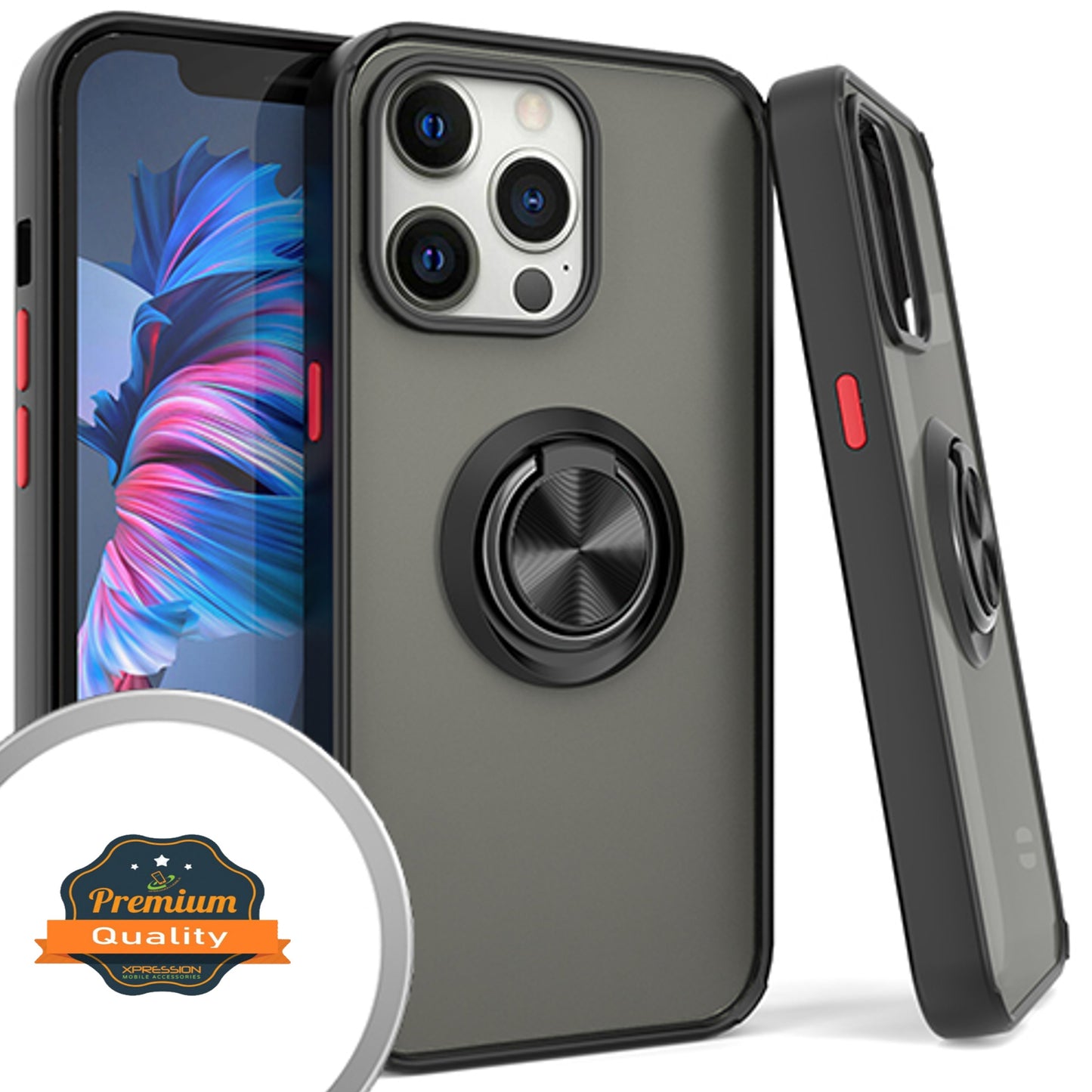 For Apple iPhone 15 Pro (6.1") Finger Ring Stand Holder Kickstand Hybrid Frosted Matte TPU Frame Shock-Absorption  Phone Case Cover