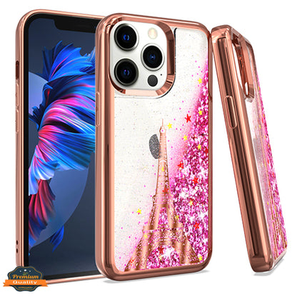 For Apple iPhone 15 Pro Max (6.7") Quicksand Liquid Glitter Bling Flowing Sparkle Fashion Hybrid TPU Chrome Plating Paris Eiffel Tower Phone Case Cover