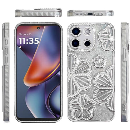 For Samsung Galaxy A26 Luxury Flower Design Sparkle Glitter Diamond Rhinestone Shimmer Bling Plating Thick TPU Hard PC Case Cover Flower Silver