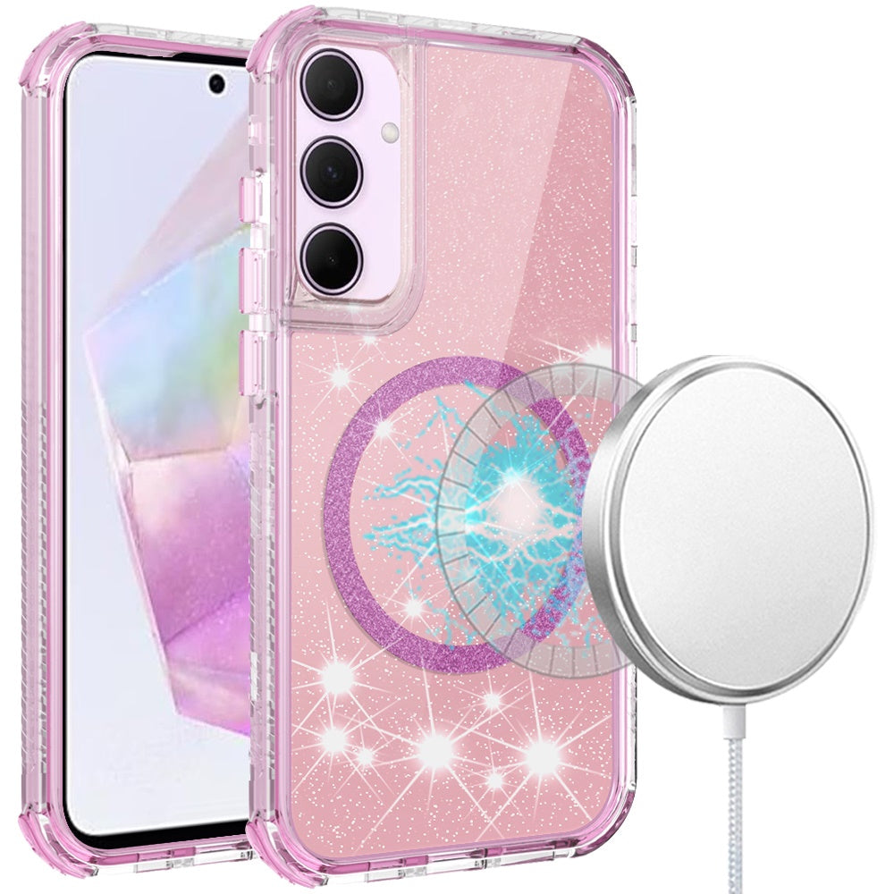 For Samsung Galaxy A36 Magnetic Circle Compatible with Magsafe, Bling Glitter Sparkle 3-in-1 Hybrid Shockproof TPU Bumper Case Cover