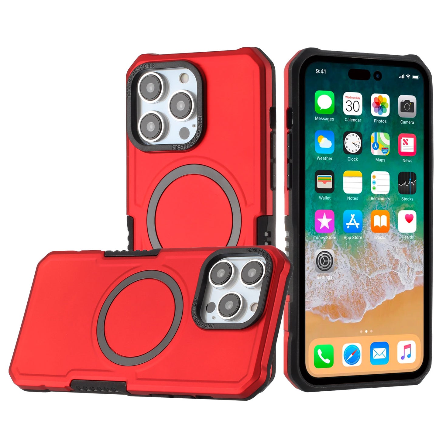 For Apple iPhone 16 (6.1") Hybrid Armor Grip Metal Ring Compatible with MagSafe [Magnetic Circle] Wireless Charging Shockproof Case Cover