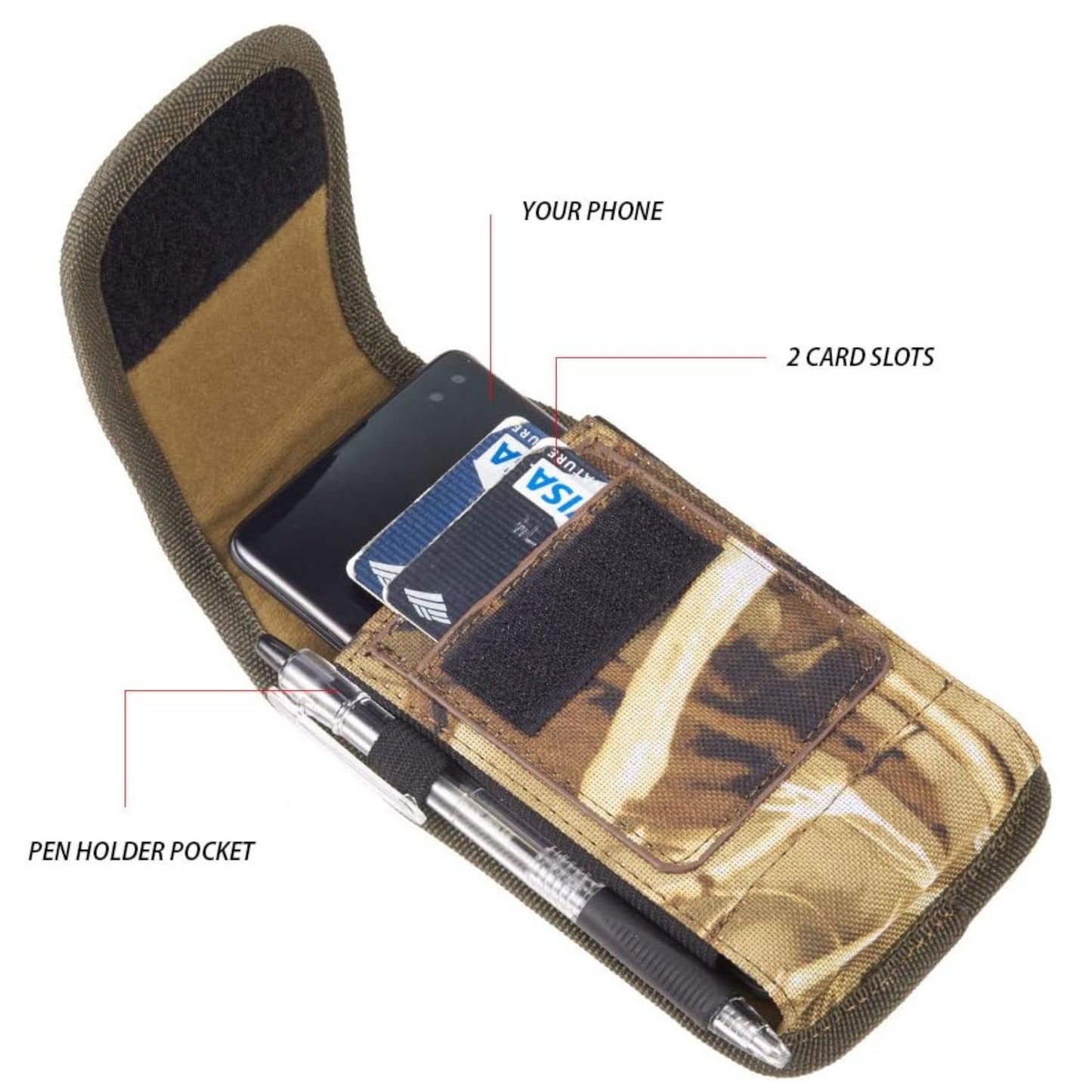 For Apple iPhone 16 Pro (6.3") Vertical Camouflage Nylon Canvas Holster Universal Cell Phone Pouch Velcro Closure with Credit Card Slot & Belt Clip Loop Carabiner [Hunting Camo]
