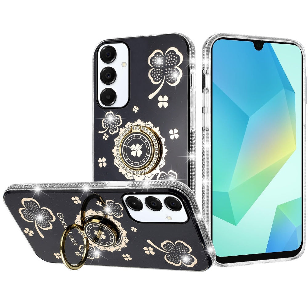 For Samsung Galaxy S25 Fan Edition /Galaxy S25 FE Diamonds Bling All Around Edges Sparkly Glitter Hybrid with Ring Stand Holder Fashion Good Luck Case Cover Black