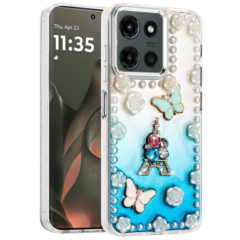 For Motorola Edge 2025 Bling Fashion Design with 3D Pearls Epoxy Glitter Ornaments Chrome Edge Hard Slim PC Case Cover