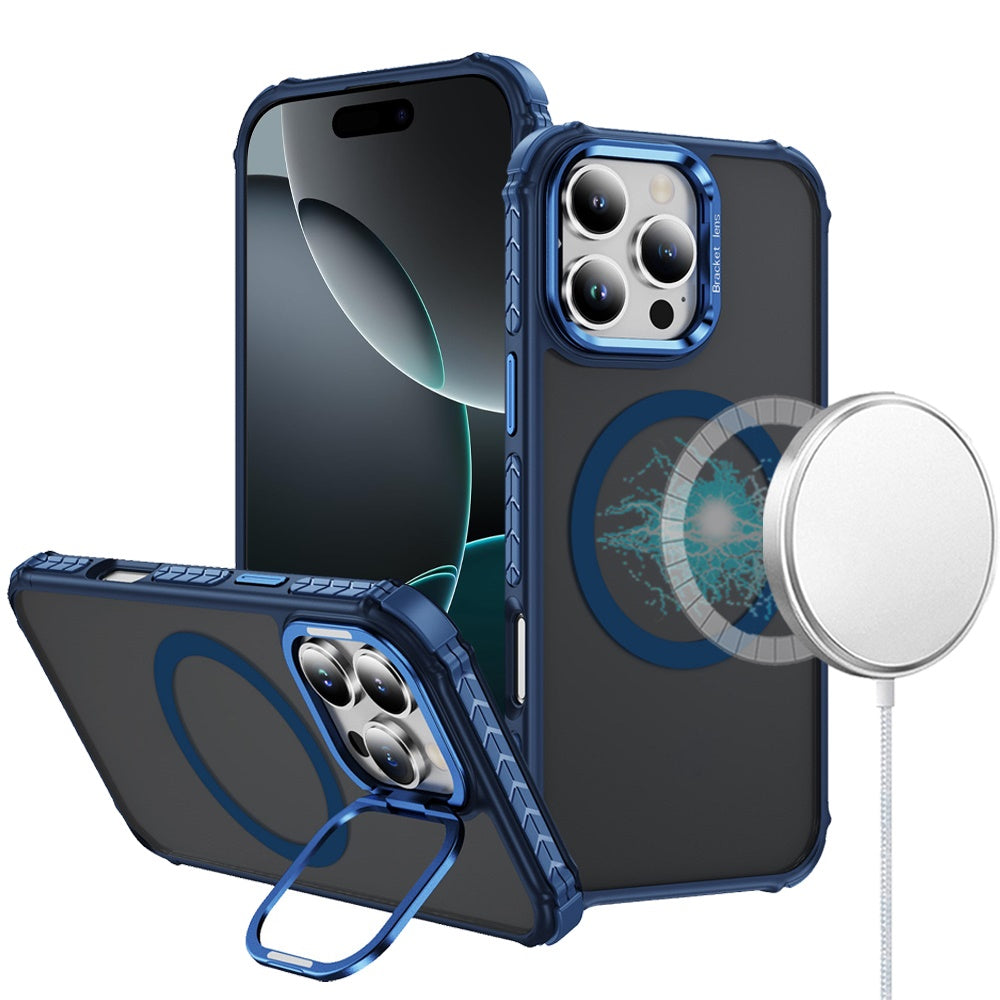 For Apple iPhone 16 Pro (6.3") Hybrid Metal Camera Stand Ring Sturdy, Compatible with MagSafe, Matte Hard TPU Colorful Edge Case Cover