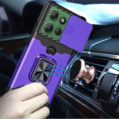 For Motorola Moto G 5G /Moto G 2025 Wallet Case with Ring Stand & Slide Camera Cover Back Credit Card Slot Holder, Military Grade Case Cover Purple