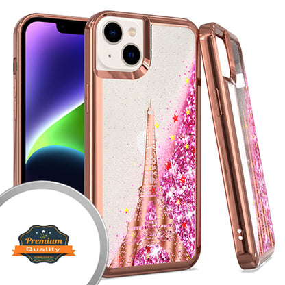 For Apple iPhone 15 Plus (6.7") Quicksand Liquid Glitter Bling Flowing Sparkle Fashion Hybrid TPU Chrome Plating Hard Paris Eiffel Tower Phone Case Cover