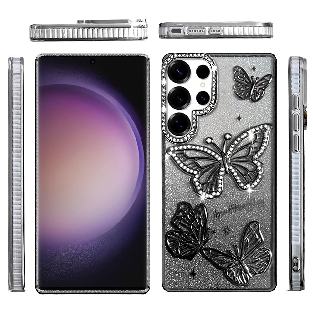 For Samsung Galaxy S24 Ultra Luxury Butterfly Sparkle Glitter Diamond Crystal Rhinestone Shimmer Bling Plating Thick TPU Hard PC Case Cover