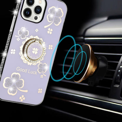 For Samsung Galaxy A06 Diamonds Bling All Around Edges Sparkly Glitter Hybrid with Ring Stand Holder Fashion Good Luck Case Cover