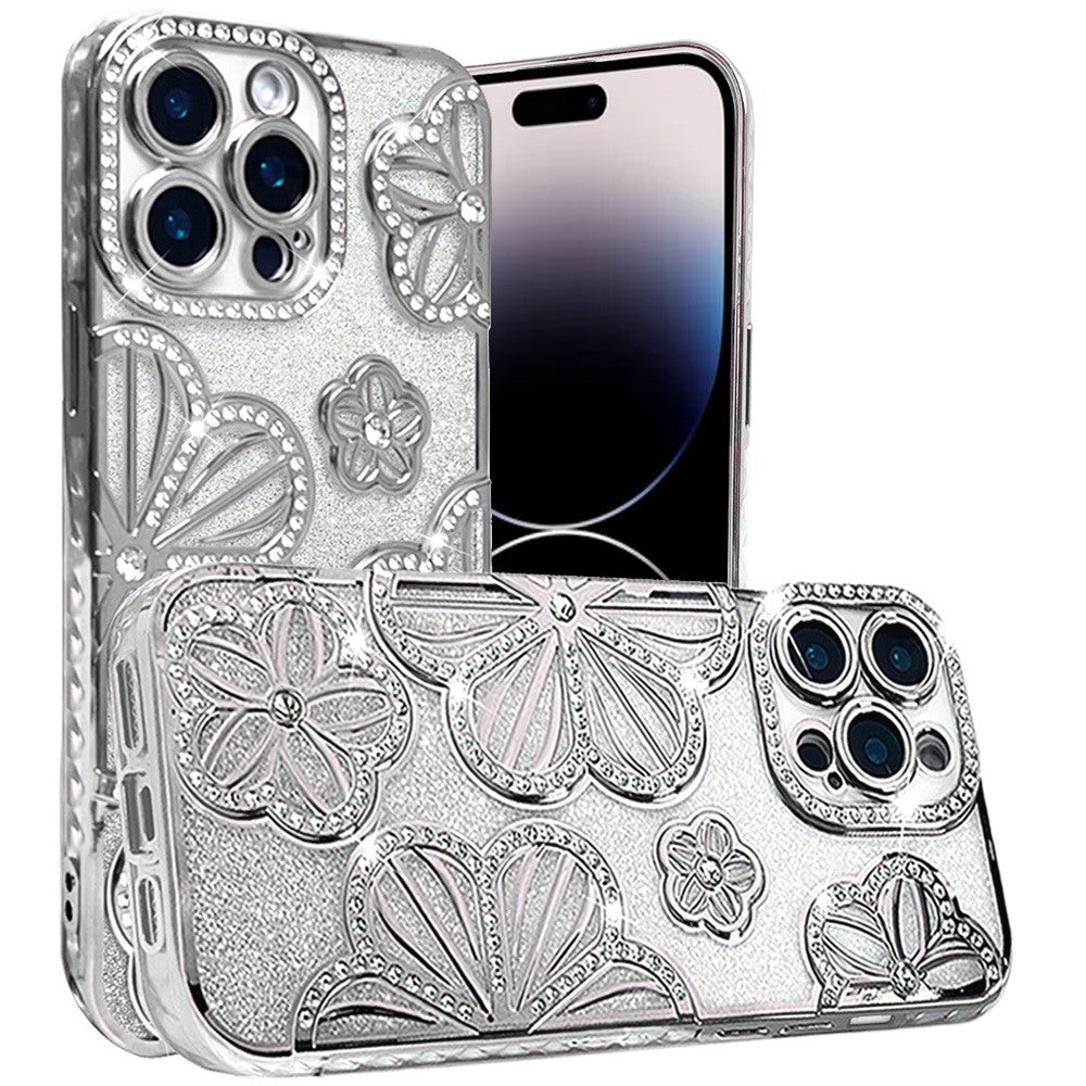 For Apple iPhone 16 Pro (6.3") Luxury Floral Design Sparkle Glitter Diamond Crystal Rhinestone Shimmer Bling Plating Thick TPU Hard PC Case Cover
